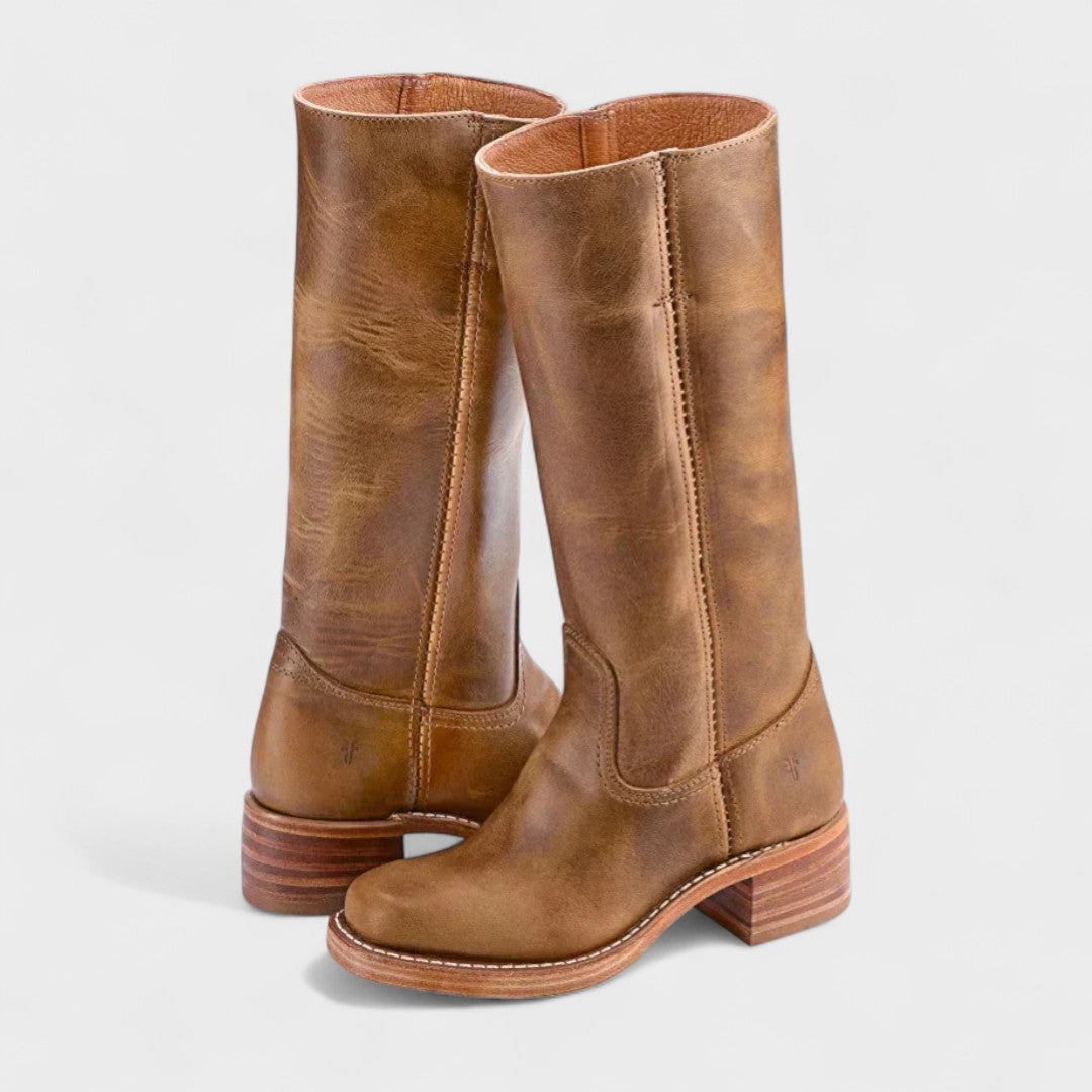 Women's cushioned slip-on cowboy boots with block heel in brown leather