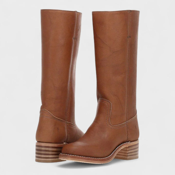 Women's cushioned slip-on cowboy boots with block heel in brown leather