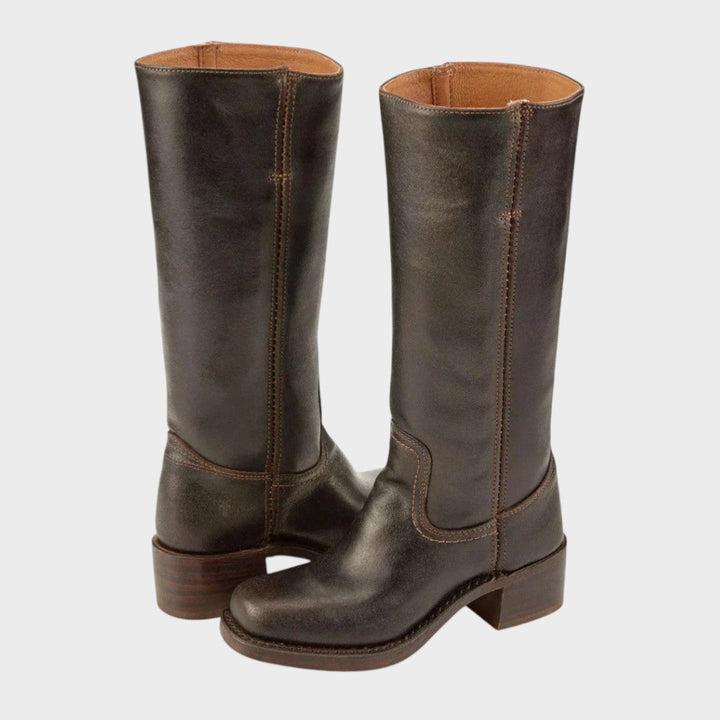 Women's cushioned slip-on cowboy boots with block heel in brown leather