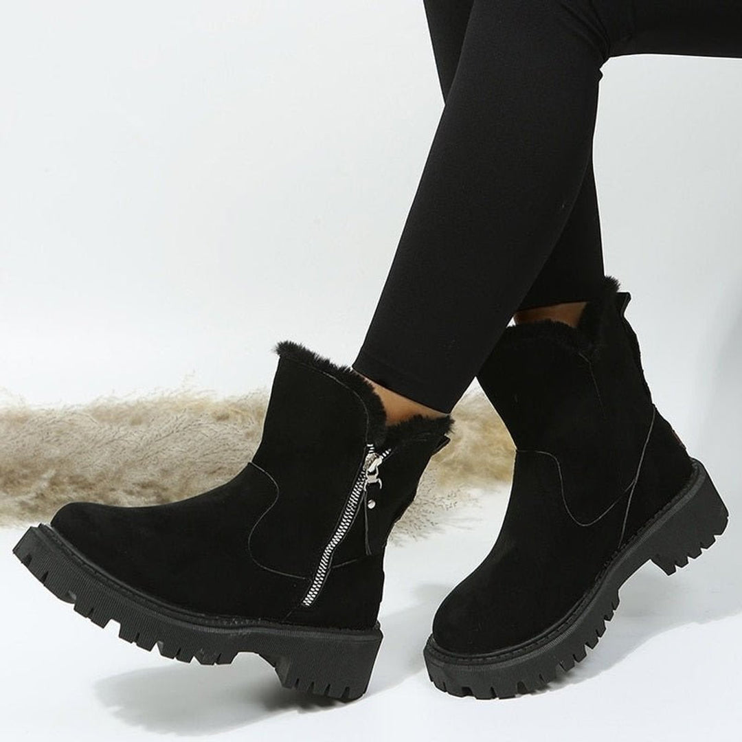 Women's fur trim ankle boots with side zips and chunky lug soles