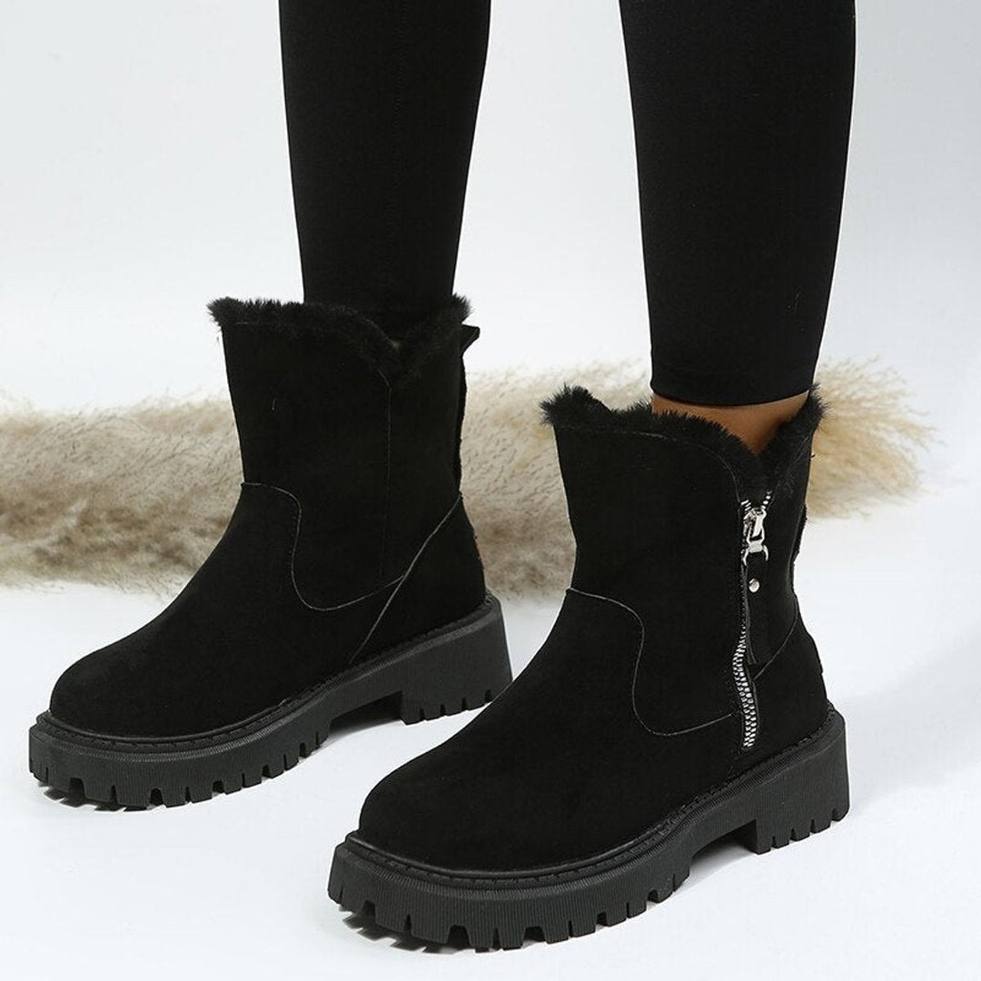 Women's fur trim ankle boots with side zips and chunky lug soles