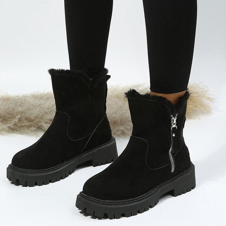Women's fur trim ankle boots with side zips and chunky lug soles