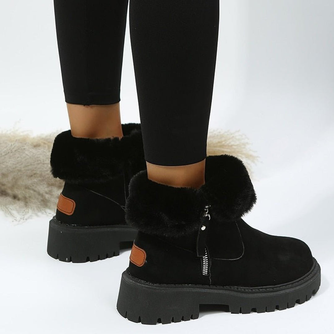 Women's fur trim ankle boots with side zips and chunky lug soles