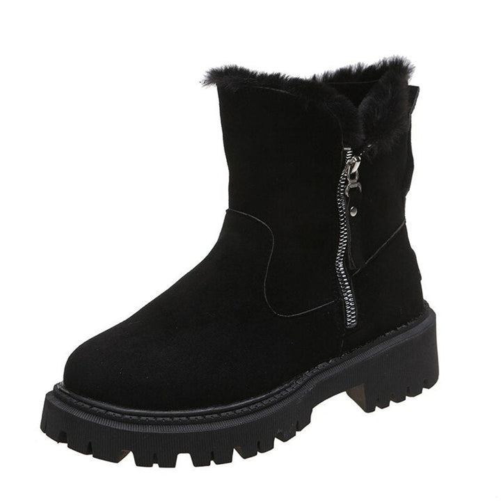 Women's fur trim ankle boots with side zips and chunky lug soles