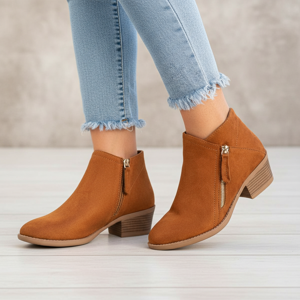 Women's ankle boots with side zippers and low block heels