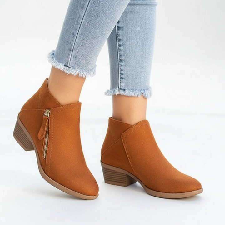 Women's ankle boots with side zippers and low block heels