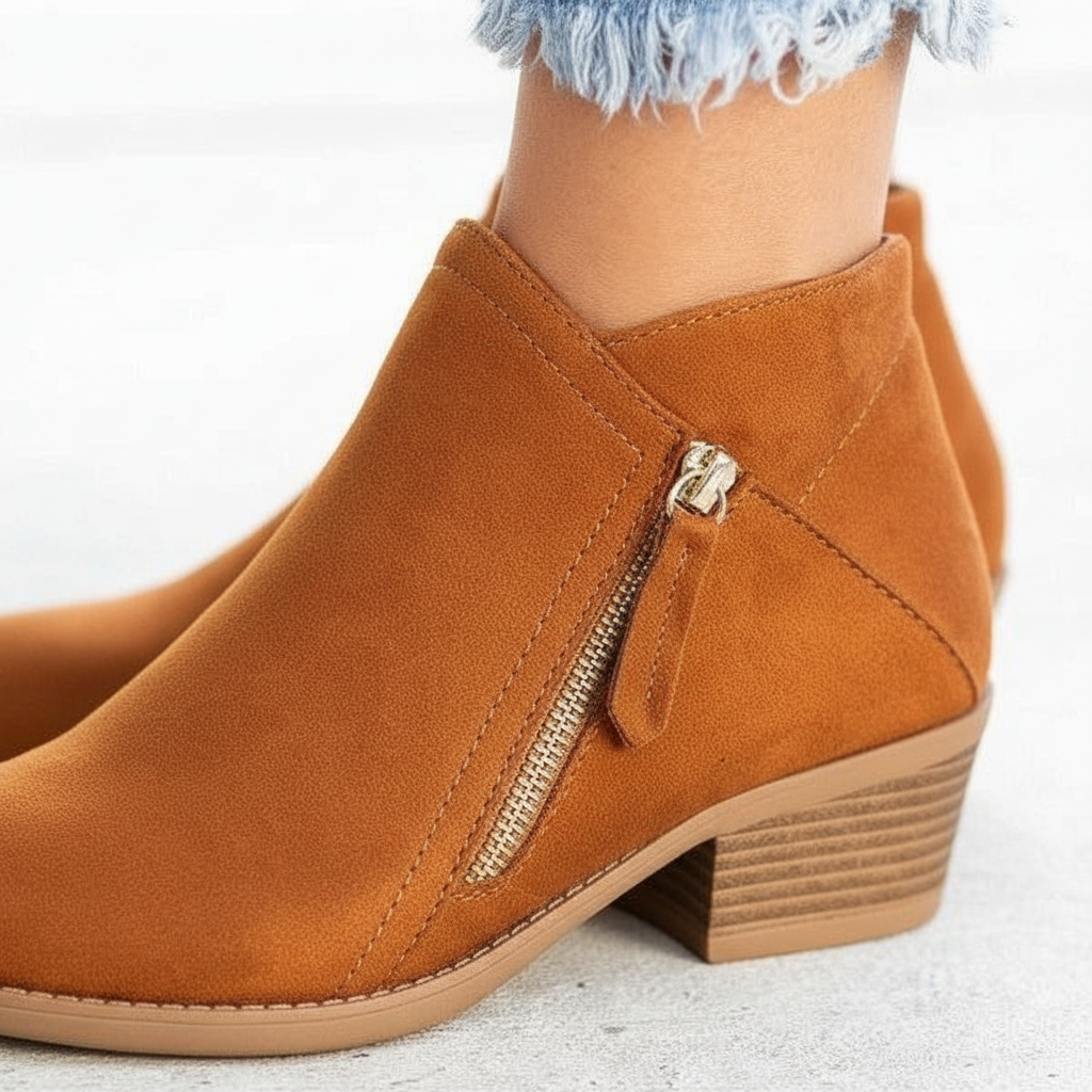 Women's ankle boots with side zippers and low block heels