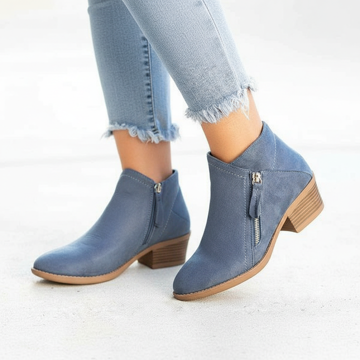 Women's ankle boots with side zippers and low block heels