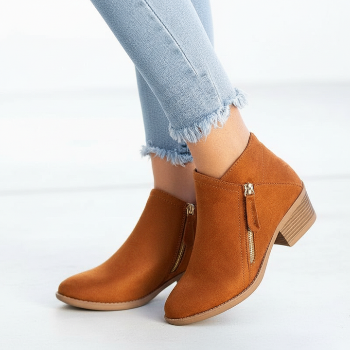 Women's ankle boots with side zippers and low block heels