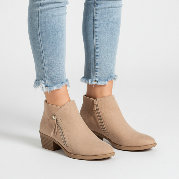 Women's ankle boots with side zippers and low block heels