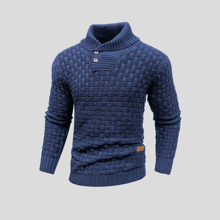 Men's textured knit jumper with mock neck and button placket