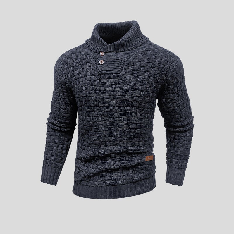 Men's textured knit jumper with mock neck and button placket