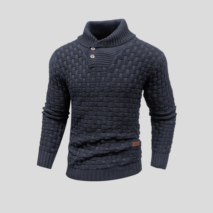 Men's textured knit jumper with mock neck and button placket