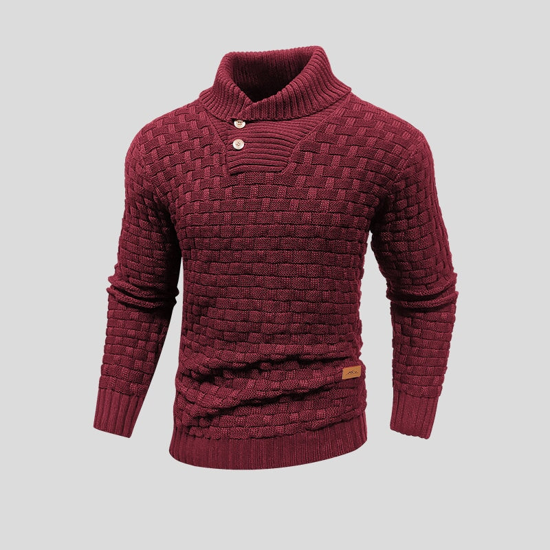 Men's textured knit jumper with mock neck and button placket