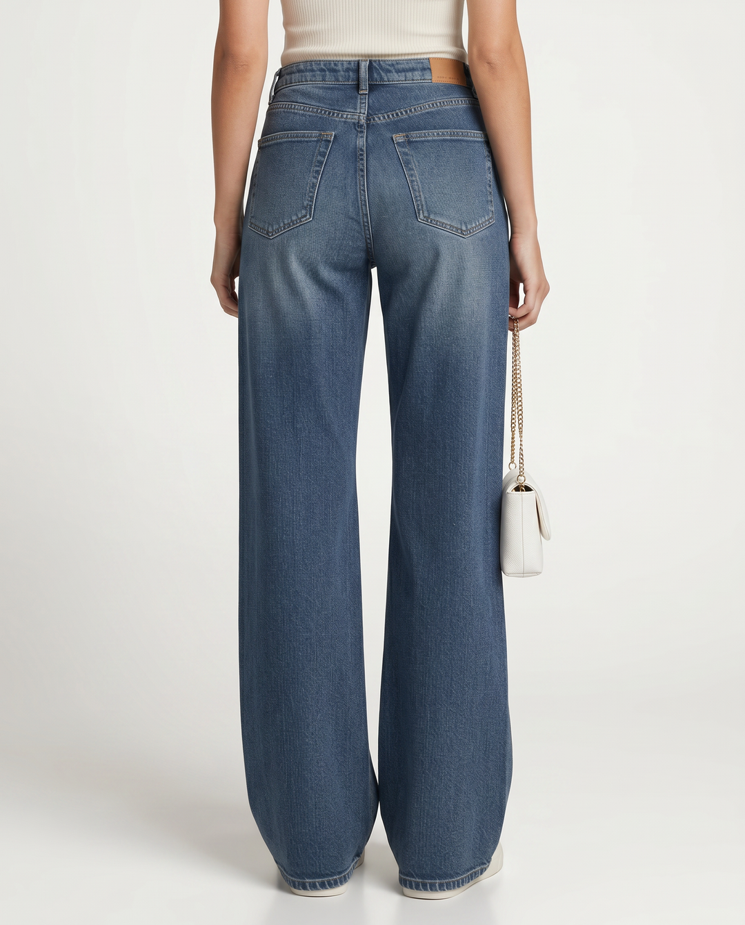 Women's blue high-rise wide-leg jeans with five-pocket design
