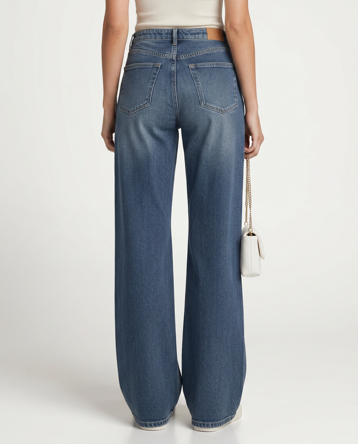 Women's blue high-rise wide-leg jeans with five-pocket design