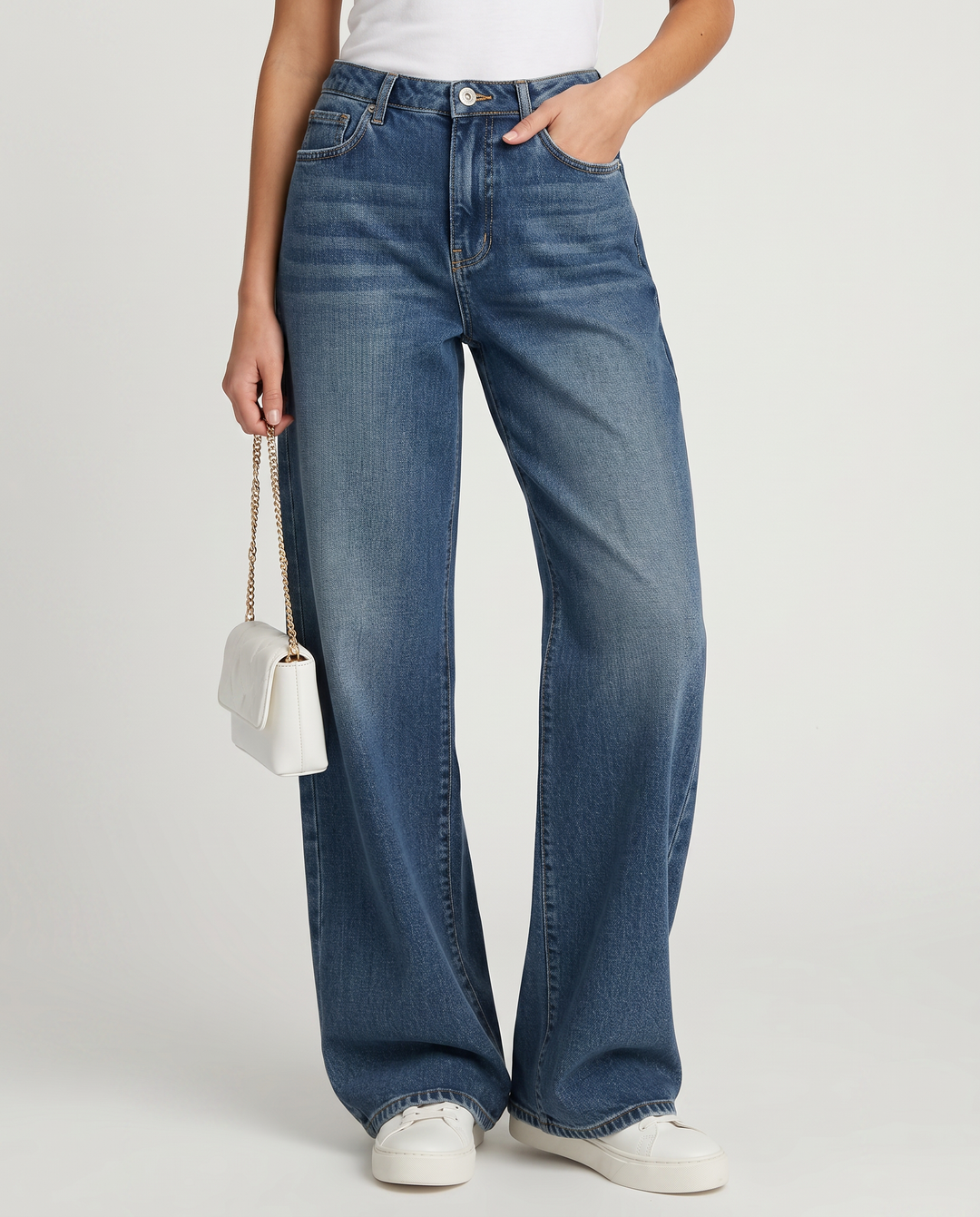 Women's blue high-rise wide-leg jeans with five-pocket design