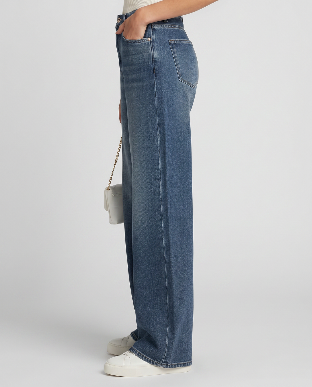 Women's blue high-rise wide-leg jeans with five-pocket design