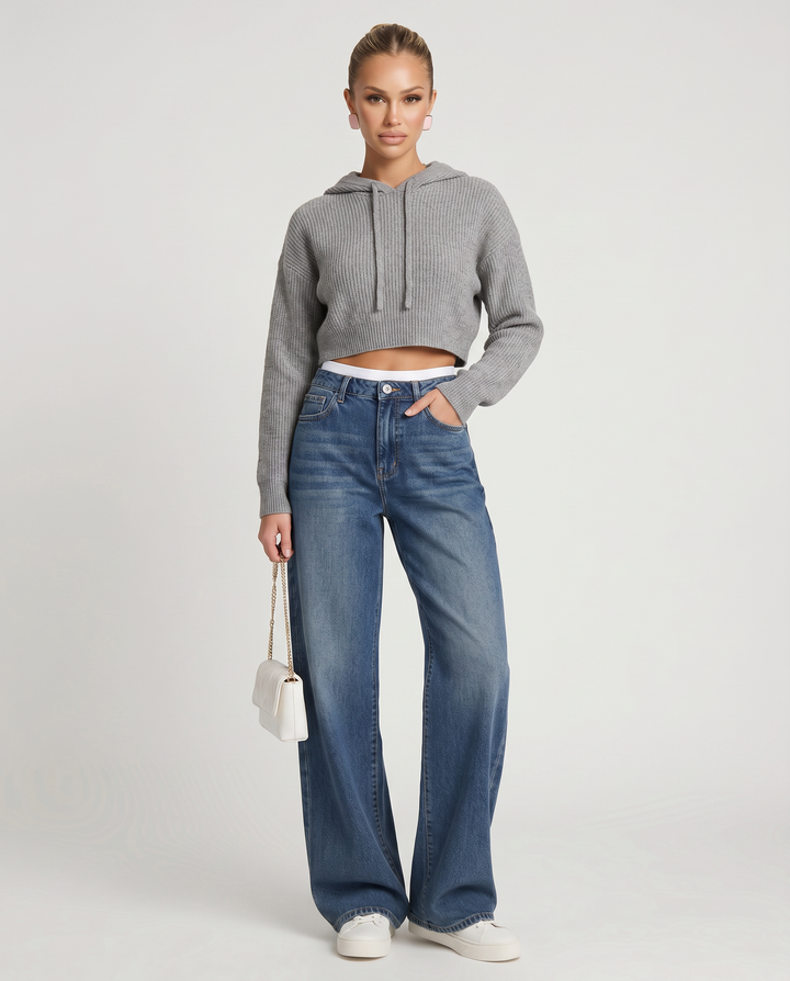 Women's blue high-rise wide-leg jeans with five-pocket design