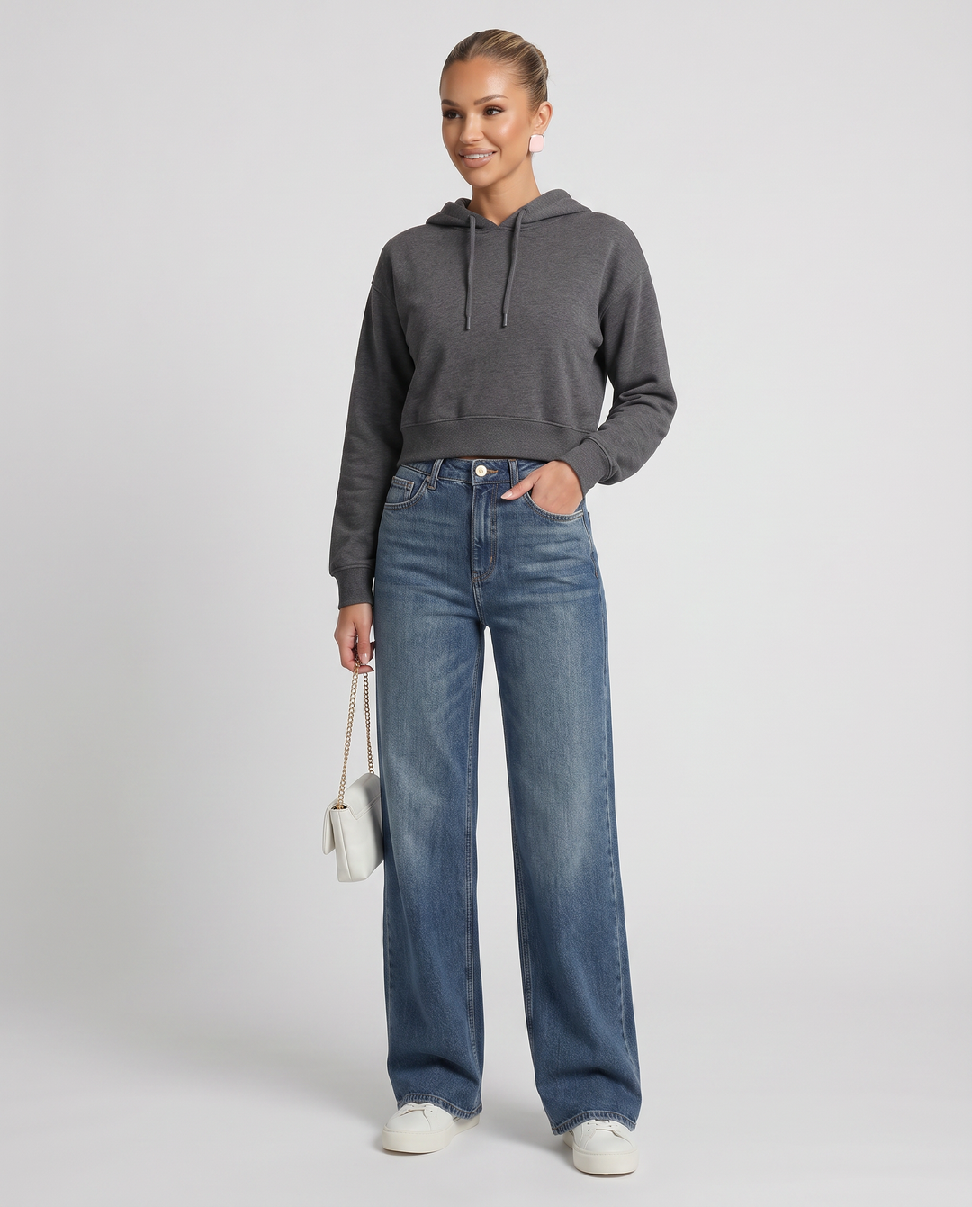 Women's blue high-rise wide-leg jeans with five-pocket design