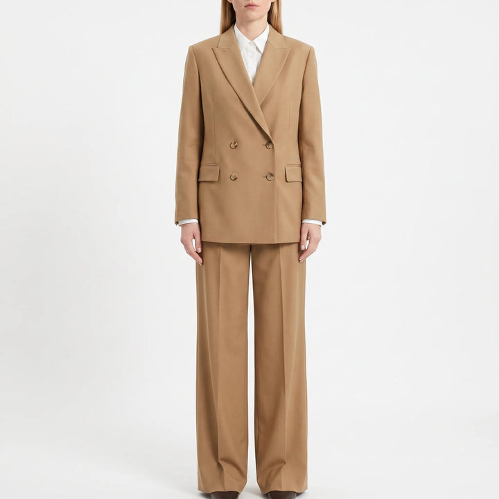 Women's tan double-breasted trouser suit with wide-leg trousers