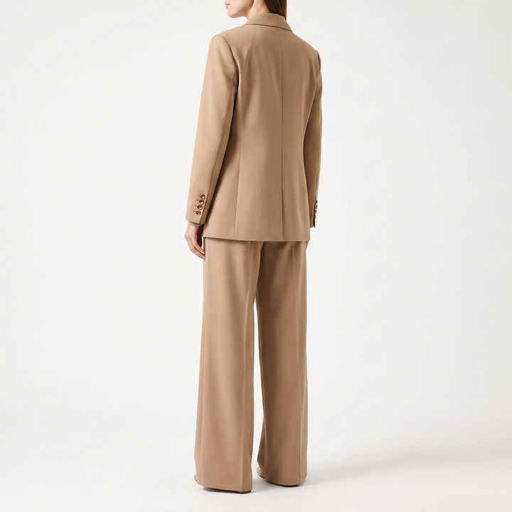Women's tan double-breasted trouser suit with wide-leg trousers
