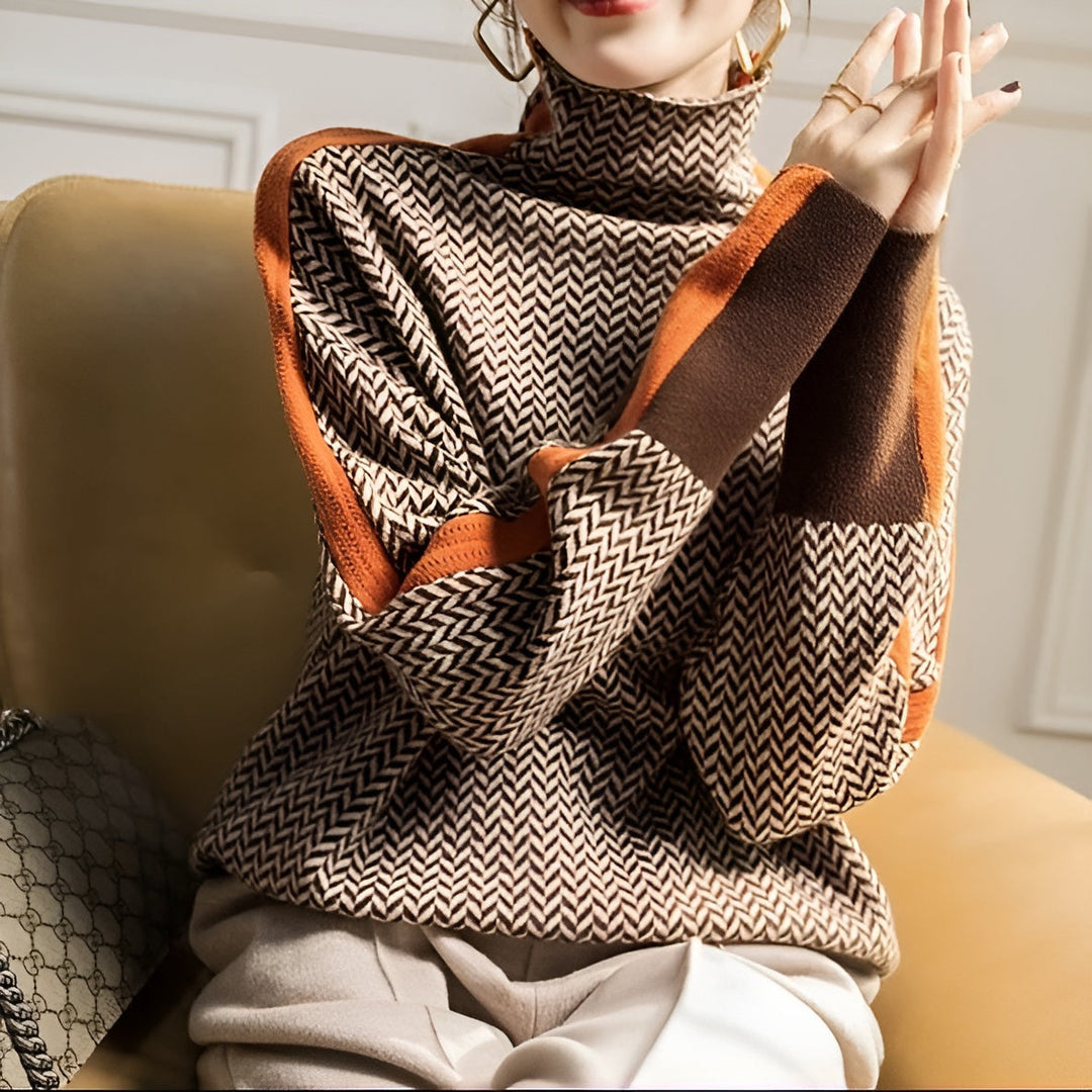 Women's herringbone turtleneck jumper with long sleeves and contrast trim