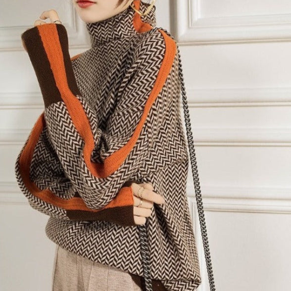 Women's herringbone turtleneck jumper with long sleeves and contrast trim