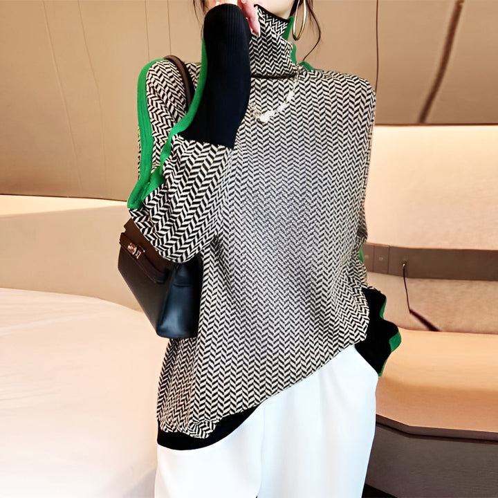 Women's herringbone turtleneck jumper with long sleeves and contrast trim