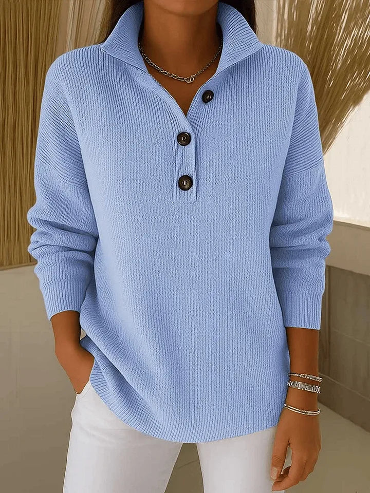 Women's ribbed polo sweater with V-neck collar, buttons and long sleeves