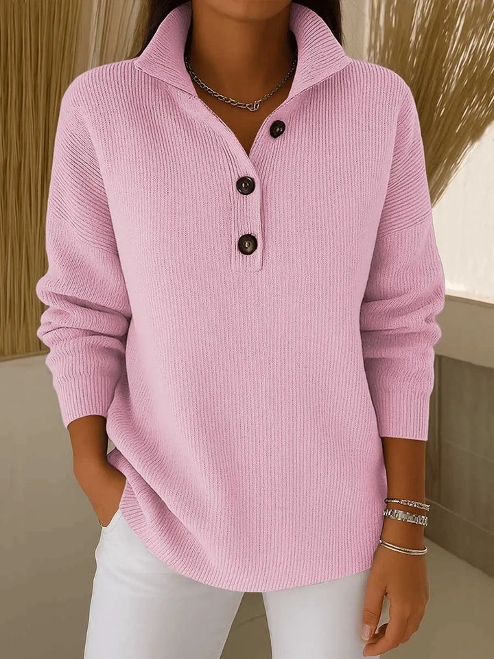 Women's ribbed polo sweater with V-neck collar, buttons and long sleeves