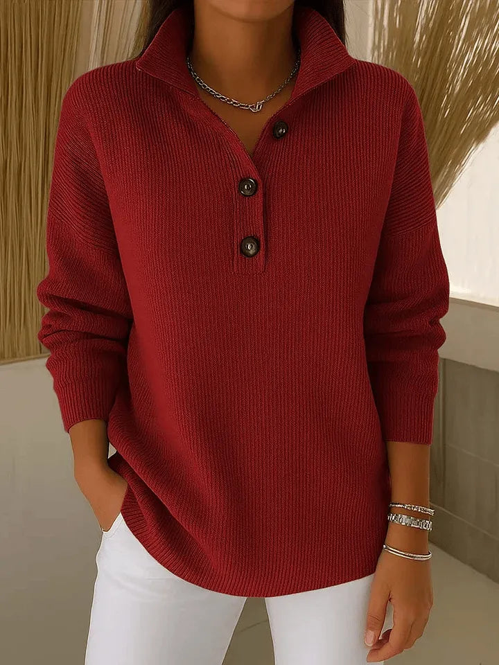 Women's ribbed polo sweater with V-neck collar, buttons and long sleeves