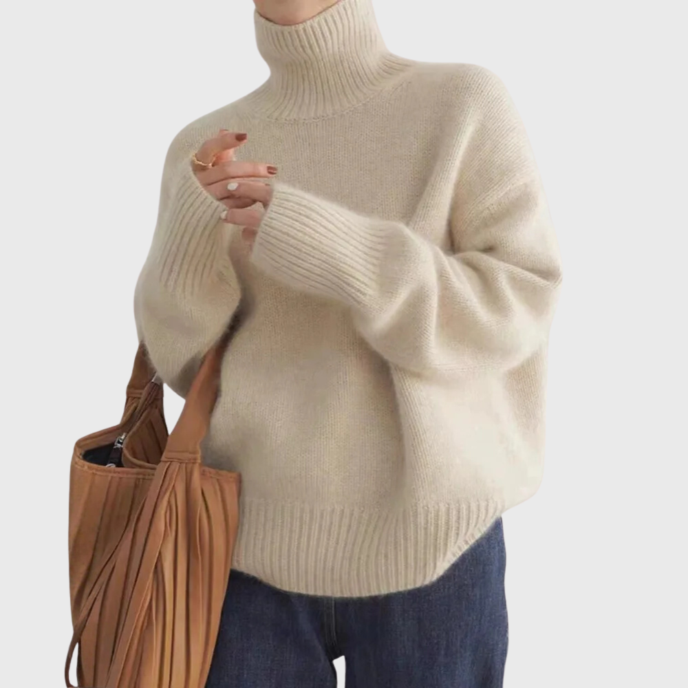Women's ribbed turtleneck jumper with long sleeves and relaxed fit