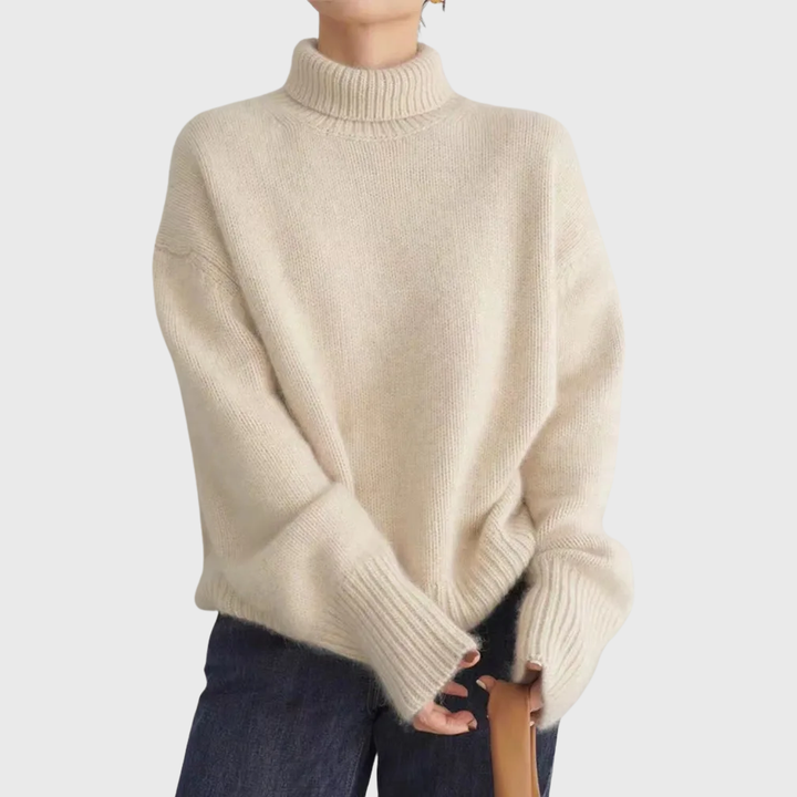 Women's ribbed turtleneck jumper with long sleeves and relaxed fit