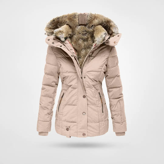Women's hooded puffer jacket with faux fur trim and zipped pockets