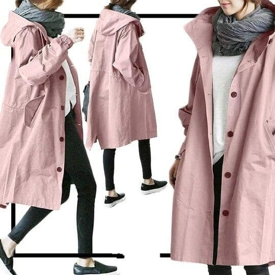 Women's hooded trench coat with button front and side pockets