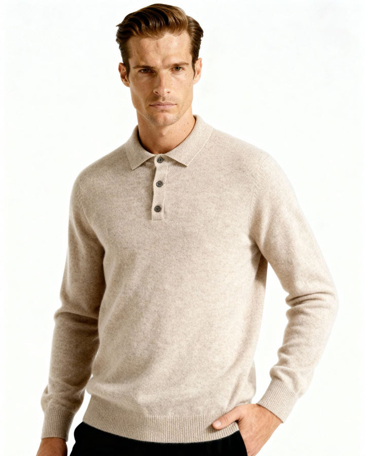Long sleeve polo sweater with collar and three-button placket