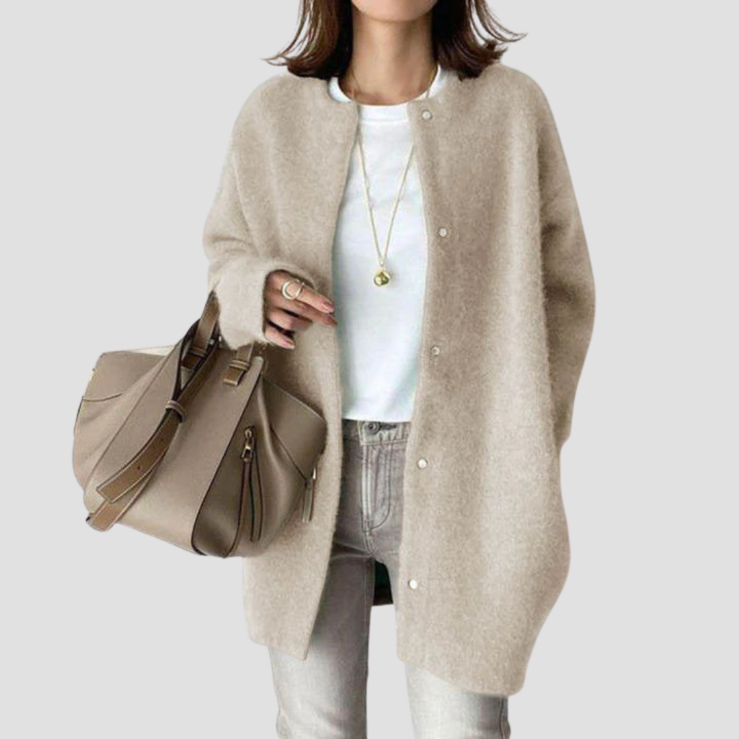 Women's long textured button-front cardigan coat with crew neckline and long sleeves