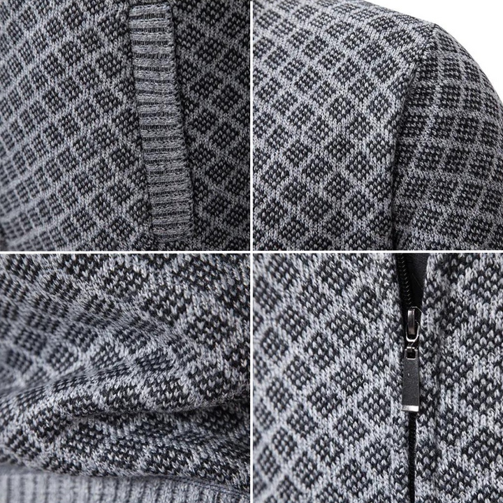 Men's textured diamond zip sweater with stand collar