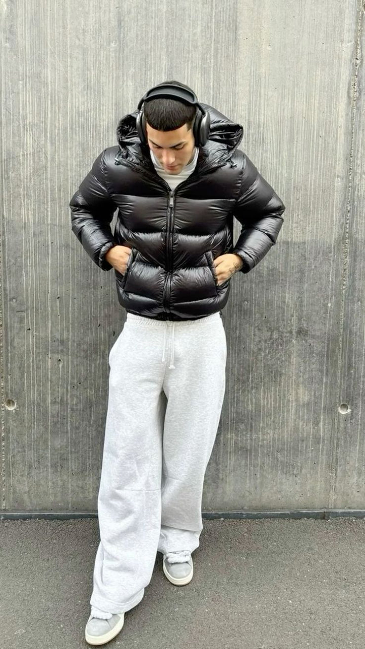 Men's short quilted hooded puffer jacket with front zip