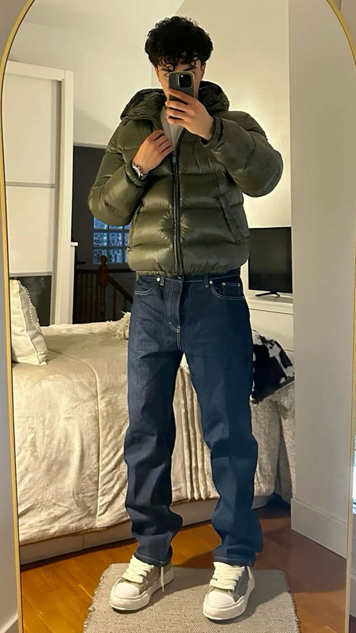 Men's short quilted hooded puffer jacket with front zip