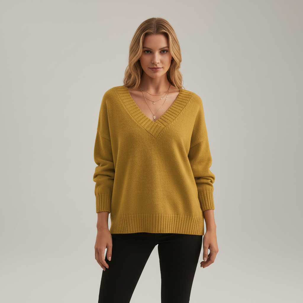 Women's V-neck knit sweater with long sleeves and ribbed trim