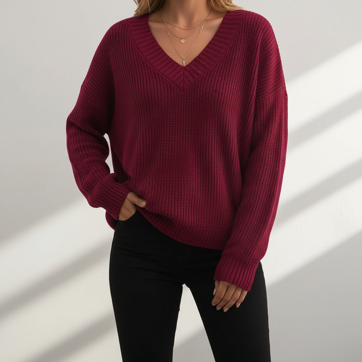 Women's V-neck knit sweater with long sleeves and ribbed trim