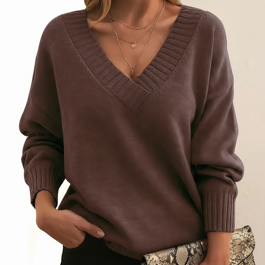 Women's V-neck knit sweater with long sleeves and ribbed trim