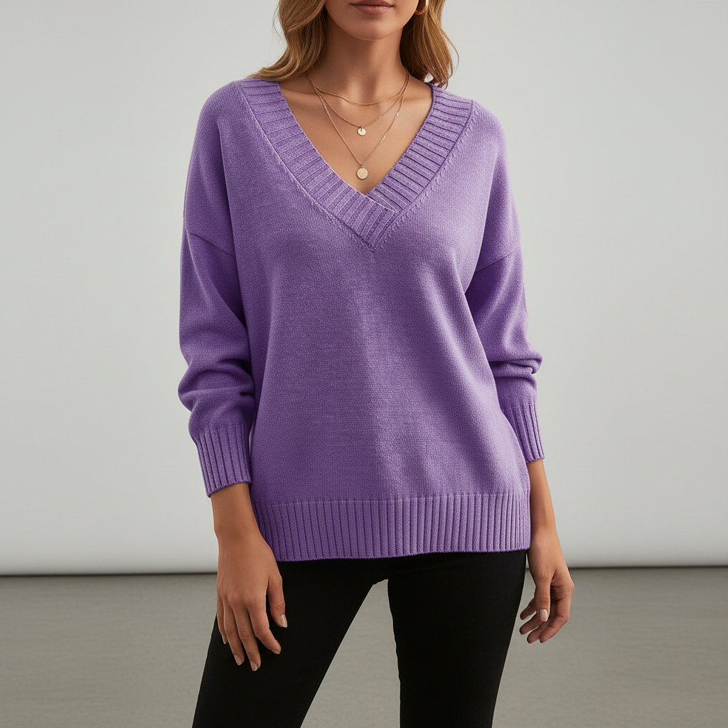 Women's V-neck knit sweater with long sleeves and ribbed trim