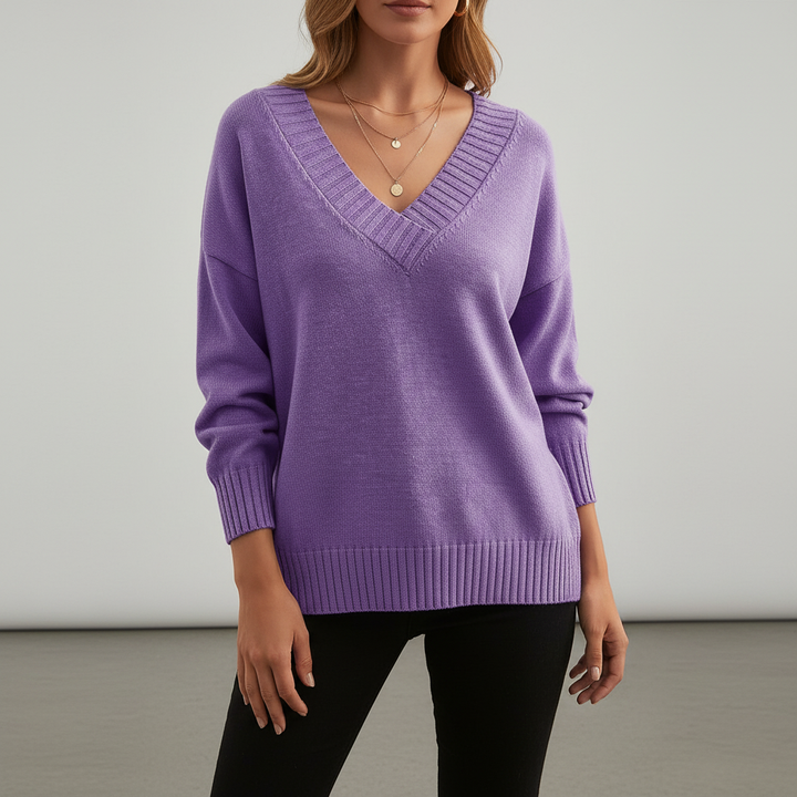 Women's V-neck knit sweater with long sleeves and ribbed trim