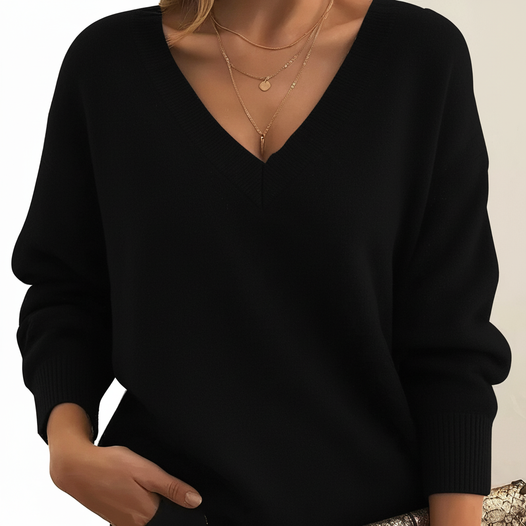 Women's V-neck knit sweater with long sleeves and ribbed trim