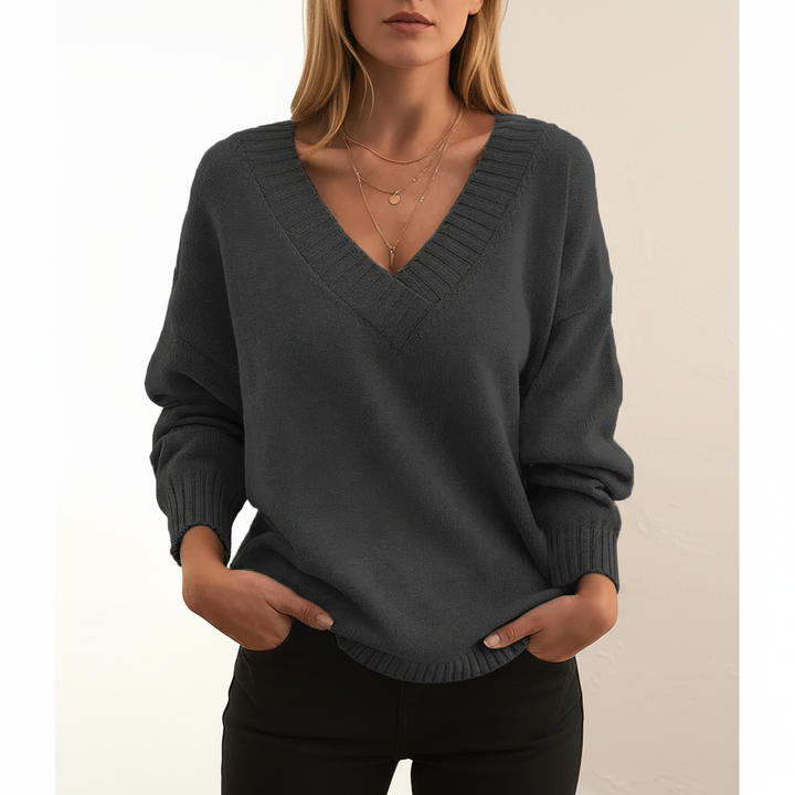 Women's V-neck knit sweater with long sleeves and ribbed trim