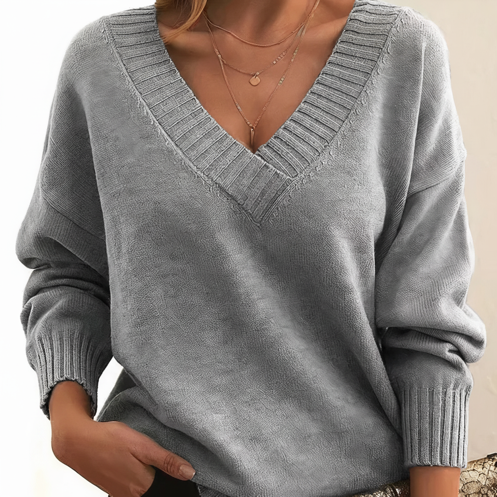 Women's V-neck knit sweater with long sleeves and ribbed trim