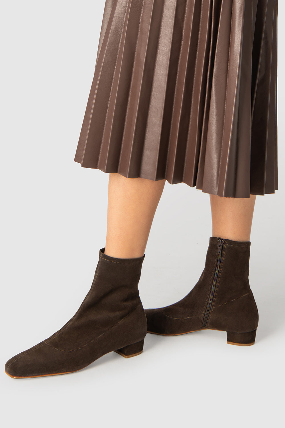 Brown suede ankle boots with square toes and low block heels